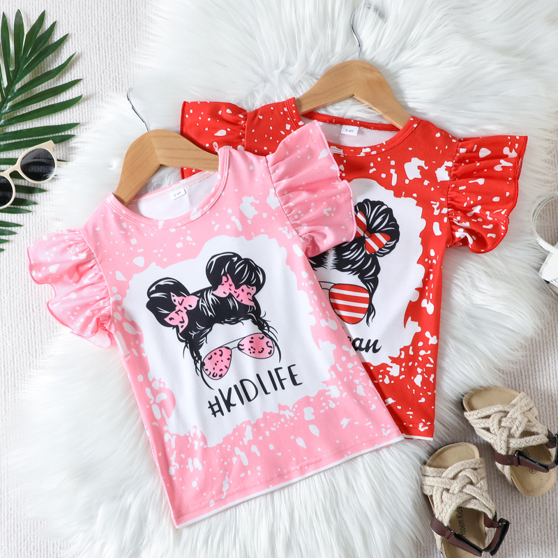 Детска лятна памучна тениска за момичета с принт на американски флаг и букви, летящи ръкави, 90% памук, за възраст 3–8 г