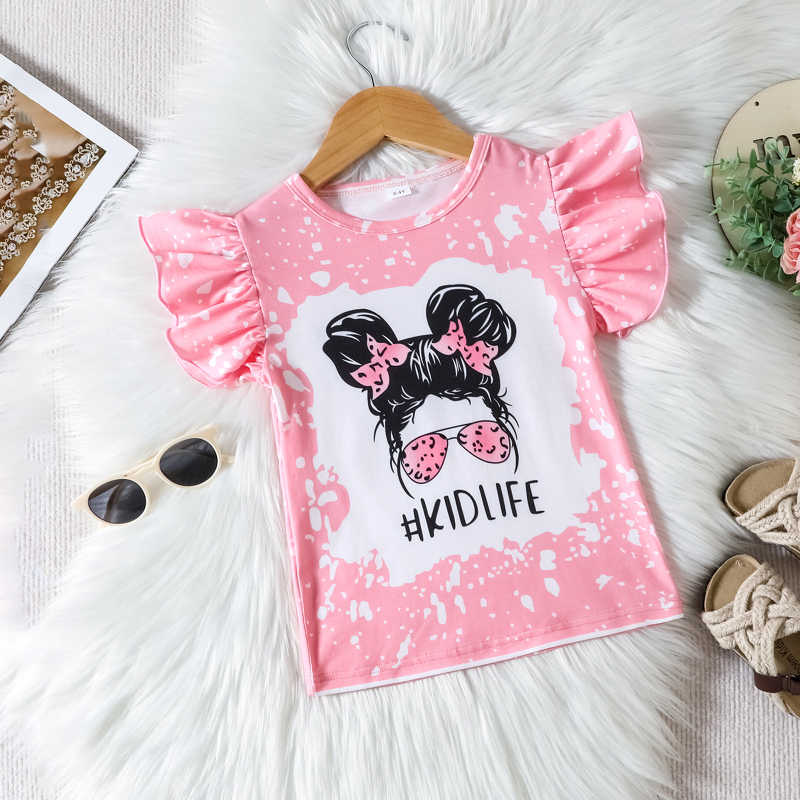 Детска лятна памучна тениска за момичета с принт на американски флаг и букви, летящи ръкави, 90% памук, за възраст 3–8 г