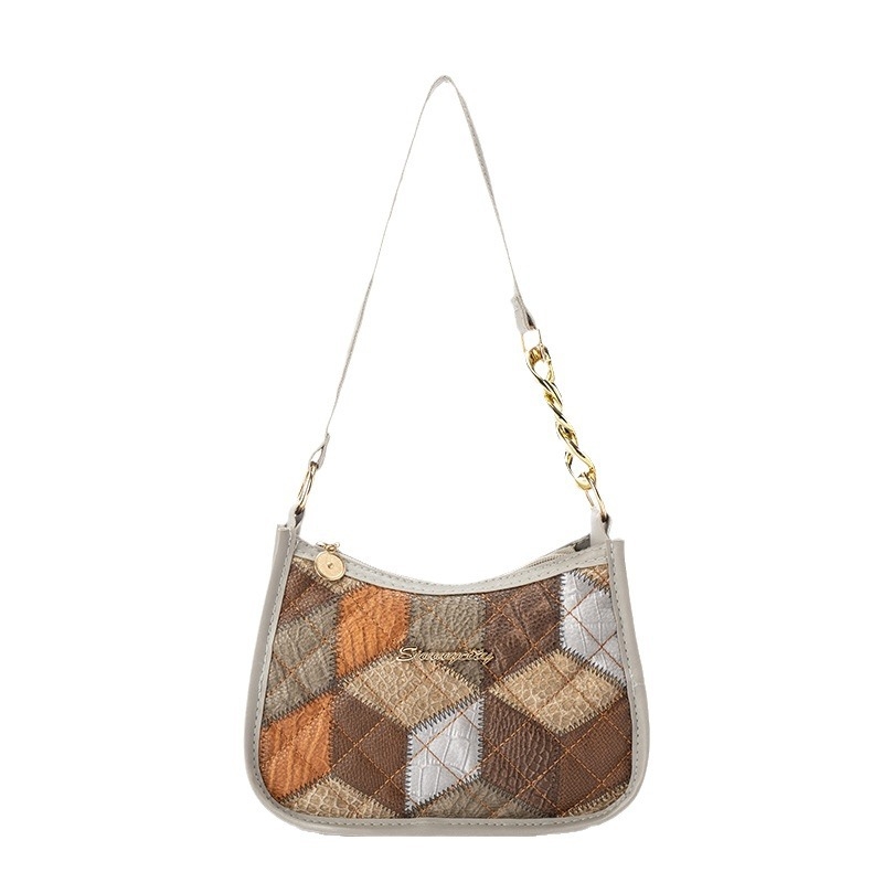 Underarm PU táska kockás dizájnnal, cipzáras záródás, dumpling alakú, belső zsebek telefonhoz és ID-hez