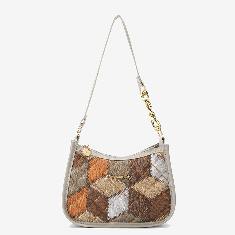 Underarm PU táska kockás dizájnnal, cipzáras záródás, dumpling alakú, belső zsebek telefonhoz és ID-hez