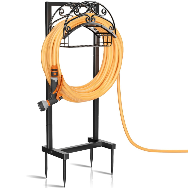 Jiaren kerti tömlő tartó 5 hegyes végződéssel és 2 juhkampóval — strapabíró szénacél, padlóra álló tömlő- és reel-tároló