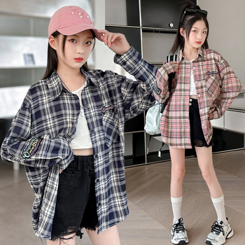 Παιδικό πουκάμισο καρό για κορίτσια, με γιακά Polo, μακριά μανίκια, βαμβάκι, χαλαρή γραμμή