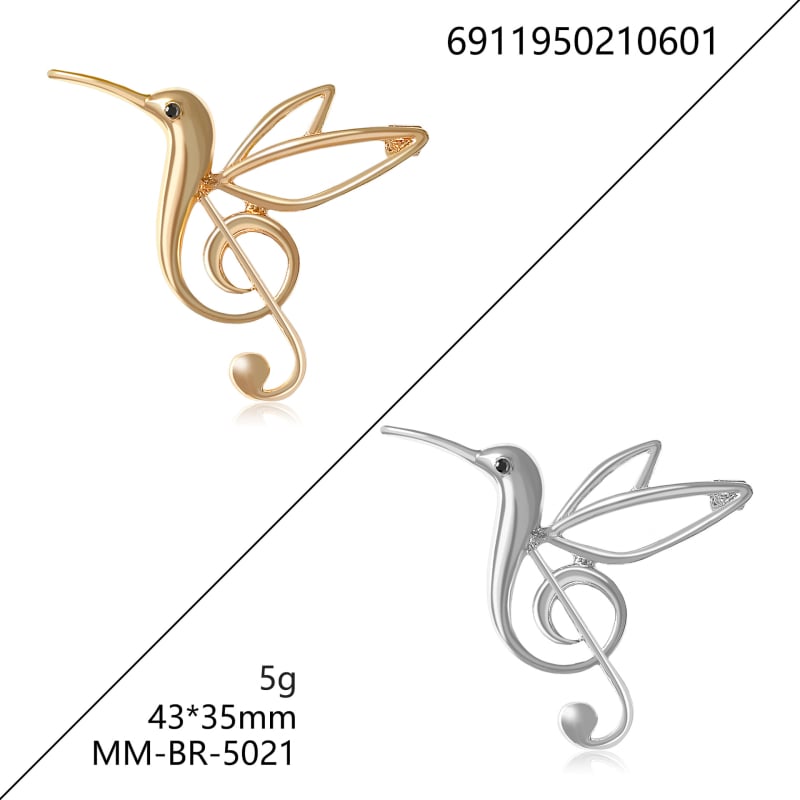 Брошка от сплав със емайл — колибри и музикална нота, инкрустирана с диаманти