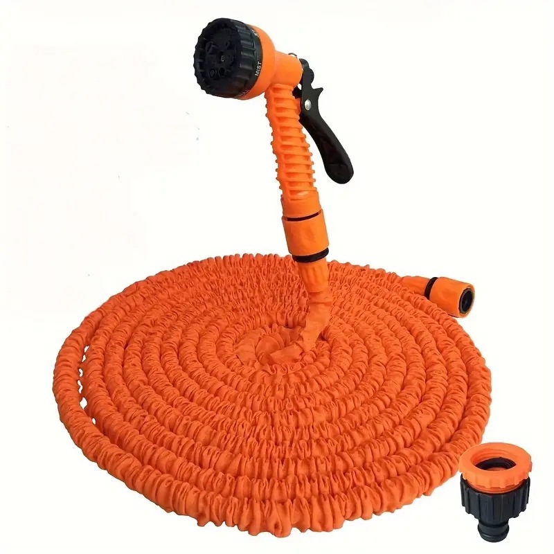 Teleszkópos kerti tömlő, poliészter szövés, belső TPE cső, műanyag csatlakozók, kinyújtható