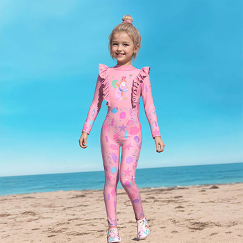 Μαγιό ολόσωμο για κορίτσια με βολάν, μακριά μανίκια, μακριά παντελόνια, προστασία από τον ήλιο, παραλιακό σχέδιο