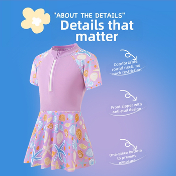 Μαγιό για κορίτσια με φλοράλ σχέδιο, μαλακό και αναπνεύσιμο, ένα κομμάτι με μισό φερμουάρ, κοντά μανίκια, κάτω μέρος με φούστα