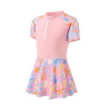 Μαγιό για κορίτσια με φλοράλ σχέδιο, μαλακό και αναπνεύσιμο, ένα κομμάτι με μισό φερμουάρ, κοντά μανίκια, κάτω μέρος με φούστα