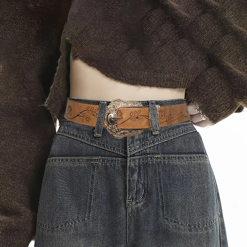 Remen u europsko-američkom stilu, vintage smeđe teksture, otisnut uzorak, unisex, kopča s iglom