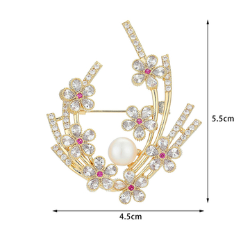 Cuprinė segė gėlės formos su cirkono įdėklu ir ametisto kristalais