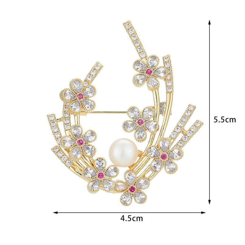 Cuprinė segė gėlės formos su cirkono įdėklu ir ametisto kristalais