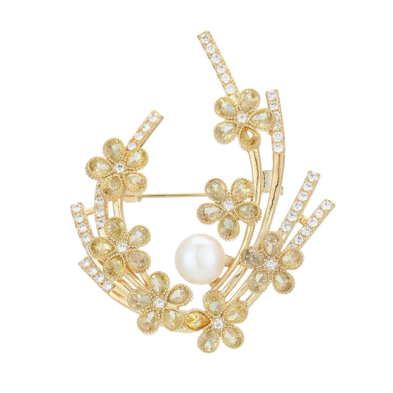 Cuprinė segė gėlės formos su cirkono įdėklu ir ametisto kristalais