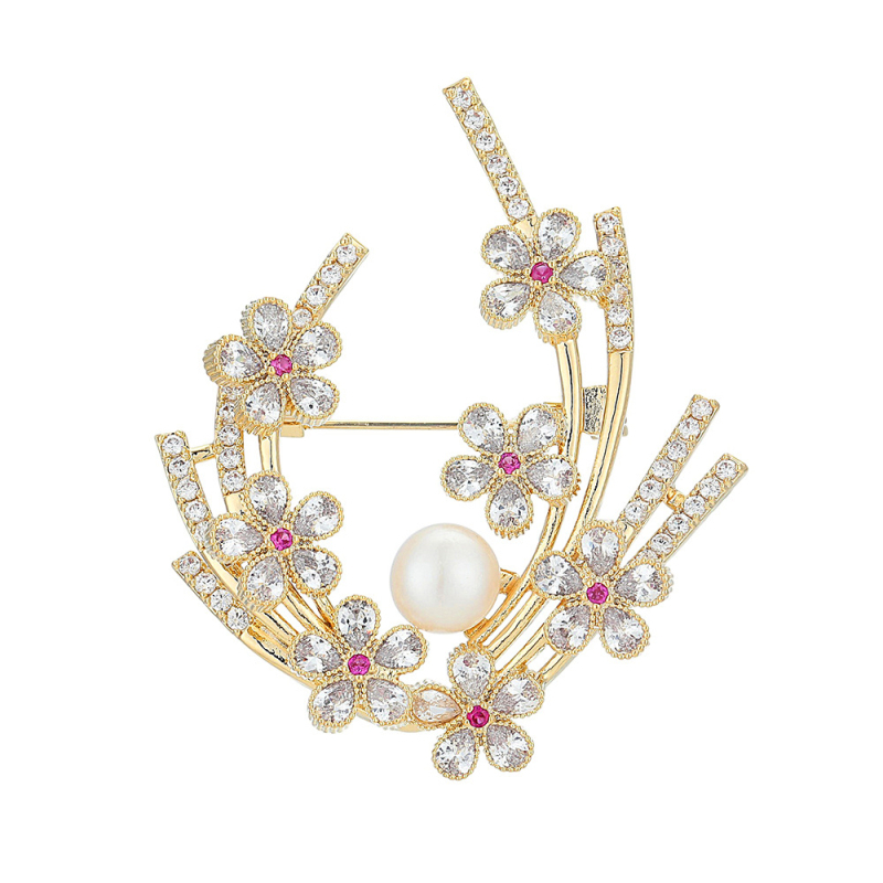 Cuprinė segė gėlės formos su cirkono įdėklu ir ametisto kristalais