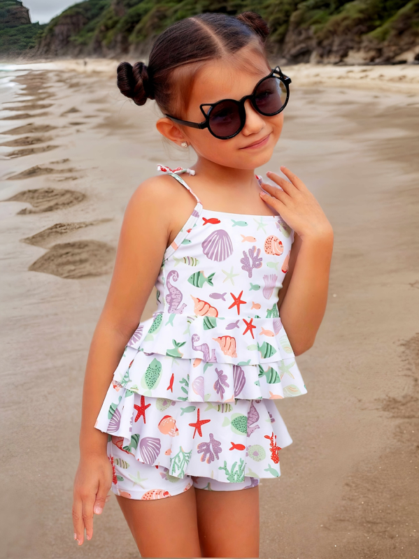 Lányoknak készült, két darabos úszónadrág, napvédő és gyorsan száradó; poliészter 82/18; bélés poliészter/elasztán 82/18; súly 120 g; alsó rész: bikini