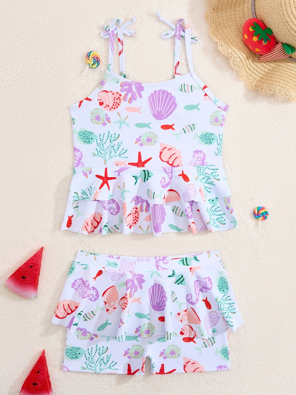 Lányoknak készült, két darabos úszónadrág, napvédő és gyorsan száradó; poliészter 82/18; bélés poliészter/elasztán 82/18; súly 120 g; alsó rész: bikini