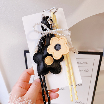 Κλειδοθήκη αυτοκινήτου με δερμάτινο λουλούδι και φιόγκο με μαργαριτάρια, κορεατικό στυλ – Haning peach, Μικτά Υλικά