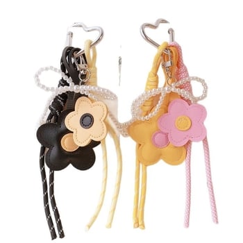 Κλειδοθήκη αυτοκινήτου με δερμάτινο λουλούδι και φιόγκο με μαργαριτάρια, κορεατικό στυλ – Haning peach, Μικτά Υλικά