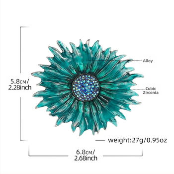 Καρφίτσα ηλίανθού από κράμα, βιντάζ εμάλ, διαμαντοστολισμένη καρφίτσα λουλουδιού