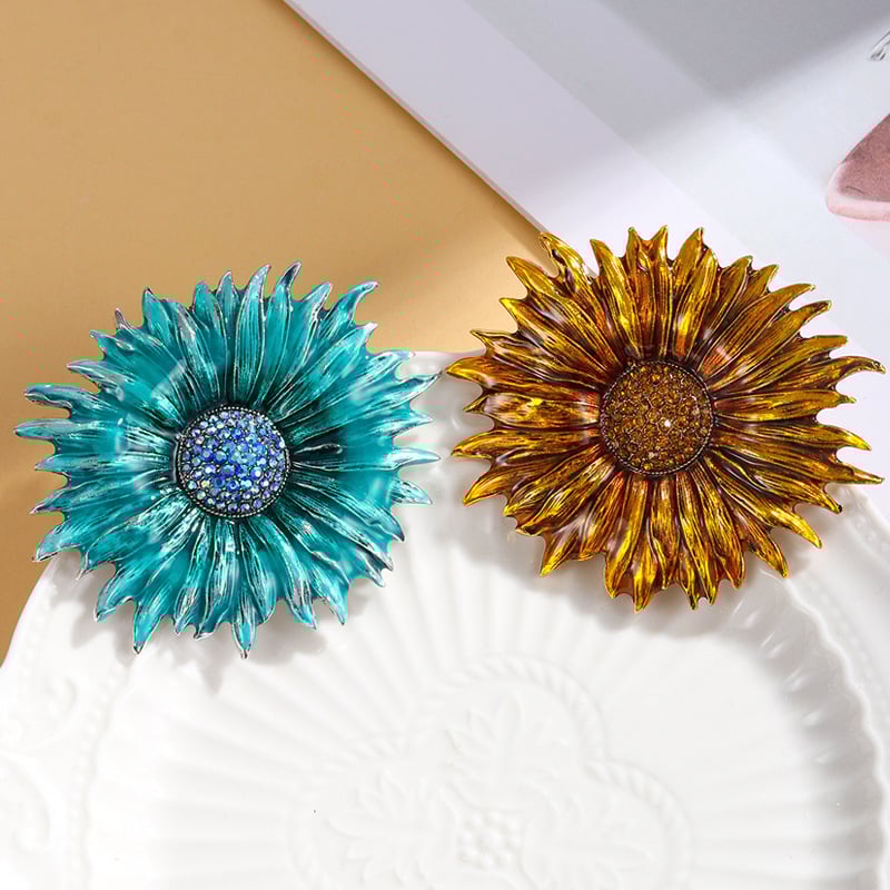 Ötvözetből készült napraforgó kitűző, vintage stílusú zománc, gyémánt díszítés