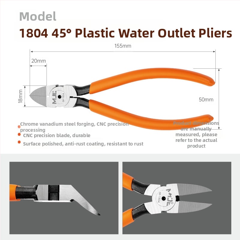 Meijialong Ipari osztályú 90° víznyílás fogó, 45° és derékszögű változatokkal | Króm-vanádium acél CR-V | Hőkezelés 42–50 HRC | Vágó él 54–62 HRC | Tömeg 0,11 kg | Rozsdagátló bevonat