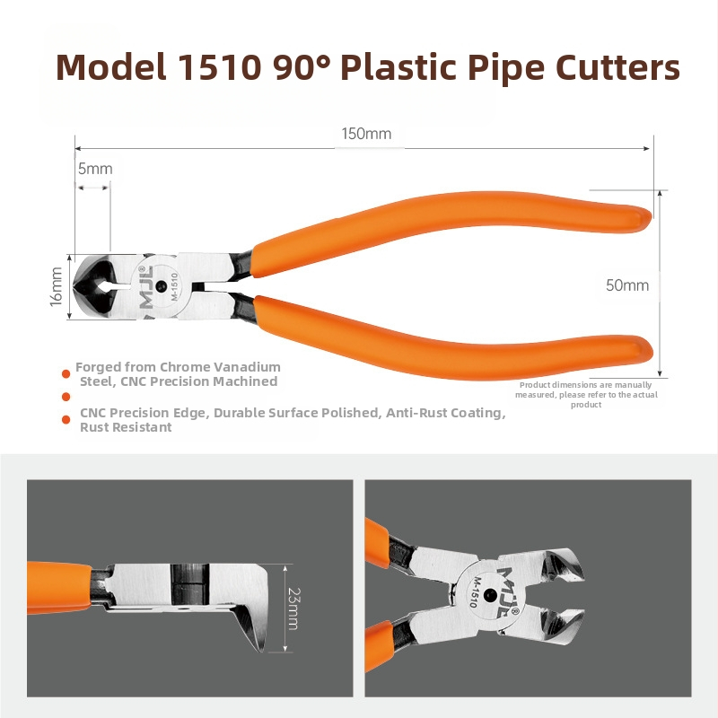 Meijialong Ipari osztályú 90° víznyílás fogó, 45° és derékszögű változatokkal | Króm-vanádium acél CR-V | Hőkezelés 42–50 HRC | Vágó él 54–62 HRC | Tömeg 0,11 kg | Rozsdagátló bevonat