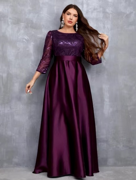 Vakarinė suknelė su ilgu sijonu, liemens linija vidutinė, reguliarūs rankogaliai, U formos kaklo iškirptė