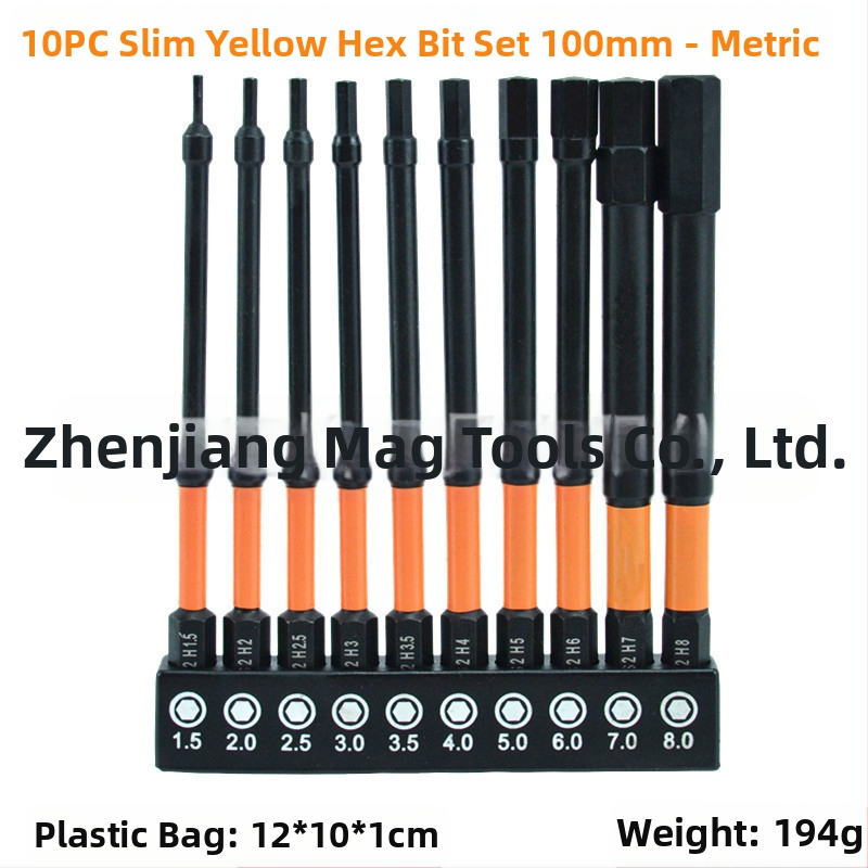 Комплект от 10 метрични шестогранни битове, фосфатирано покритие, S2 сплав, удароустойчиви, тънък профил