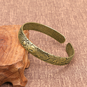 Ορείχαλκινο βραχιόλι με Δράκο και Φοίνιξ, ανοιχτό σχέδιο, κινεζικού στυλ, λεπτομερείς χαράξεις