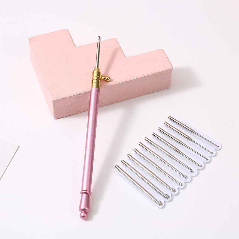 Кука за дантела с метална дръжка и сменяеми върхове, компактна ръчна кукa за плетене на дантели