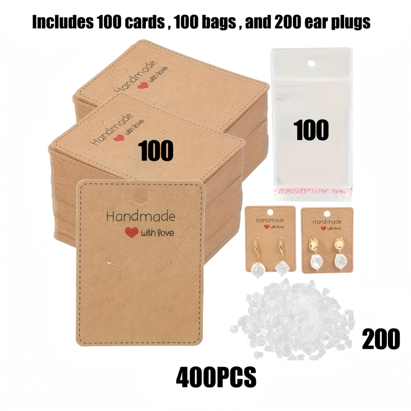 Κάρτα επίδειξης συσκευασίας σκουλαρικιών • χαρτόνι kraft • για κοσμήματα • περιλαμβάνει 50 πίσω κάρτες + 50 διαφανείς σακούλες; 100 πίσω κάρτες + 100 διαφανείς σακούλες