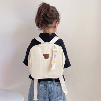 Детска раничка за детска градина със сладък бродиран мече, лека и компактна, платно, животински мотив, за ежедневна употреба