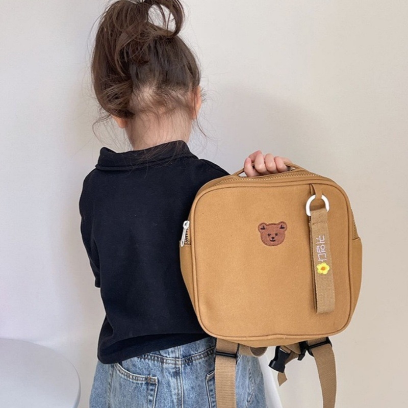 Детска раничка за детска градина със сладък бродиран мече, лека и компактна, платно, животински мотив, за ежедневна употреба