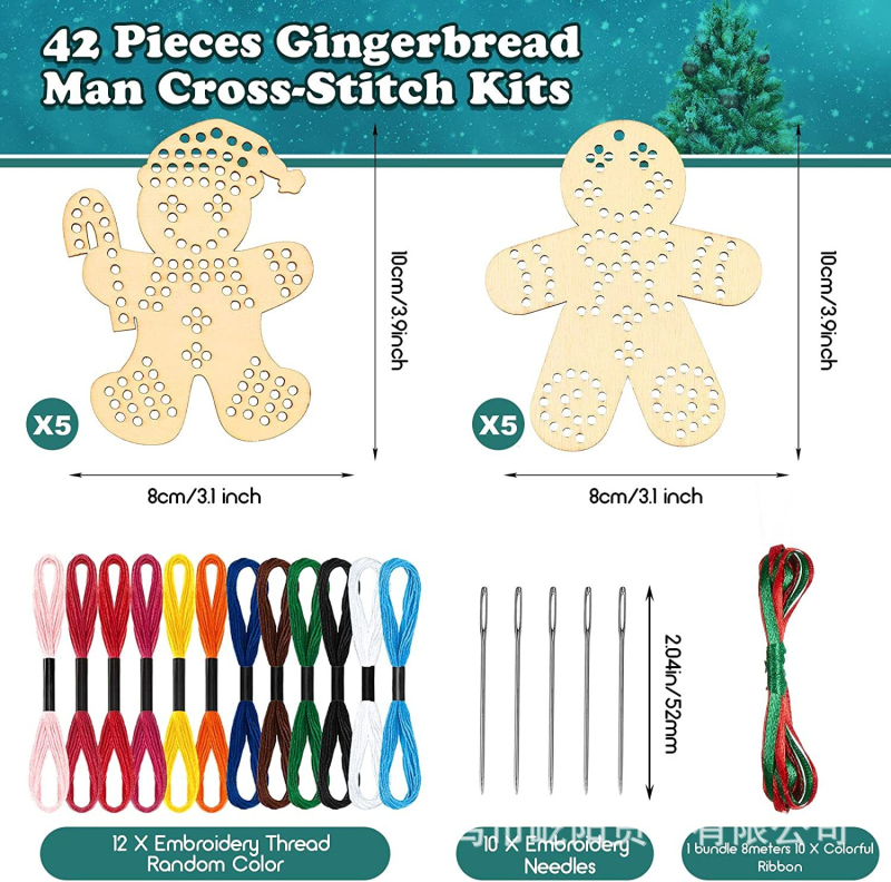 Fából készült keresztszemes medálkészlet – karácsonyi díszek a fára, 10 darab, hóember és mézeskalács ember stílusban