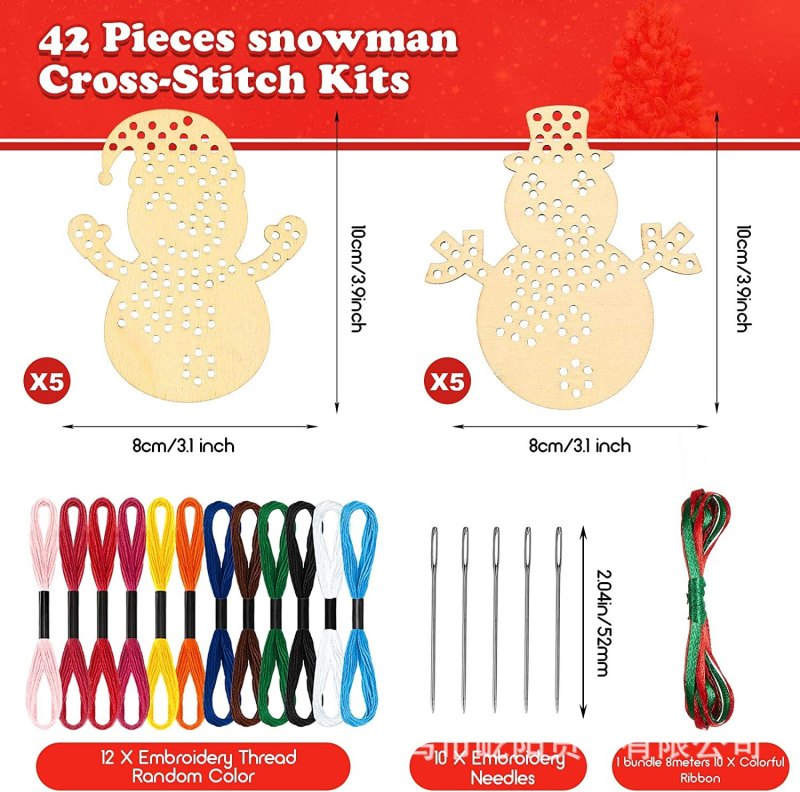 Fából készült keresztszemes medálkészlet – karácsonyi díszek a fára, 10 darab, hóember és mézeskalács ember stílusban