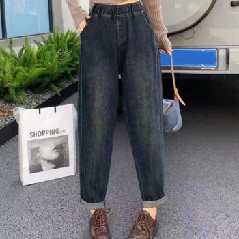 Harém farmernadrág denim, laza derekú, mikroelasztikus, denim-pamut keverék, városi stílus