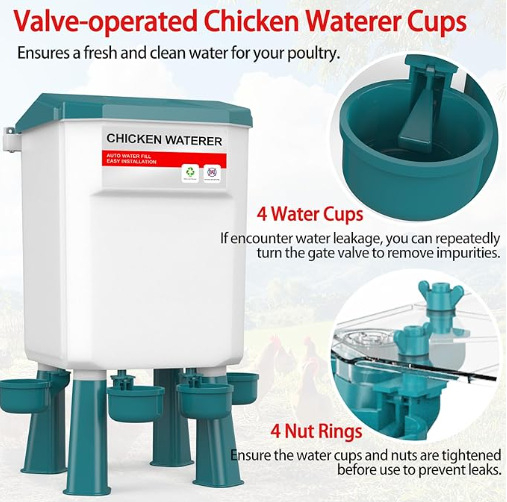 Automatinis vandens girdytuvas paukščiams su atskira talpykla – girdymo ir šėrimo įrenginys vištoms, žąsoms, balandžiams, modelis ZZKPJ00035, 1600 g