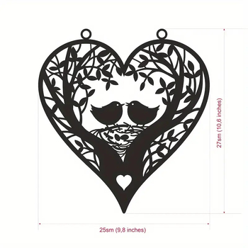 Fali művészet – lézeresen kivágott fém siluett, két madár, amely szív alakot alkot, geometriai falidísz; otthonra, irodába és kertbe; ajándék lakásavatóra és Valentin-napra.