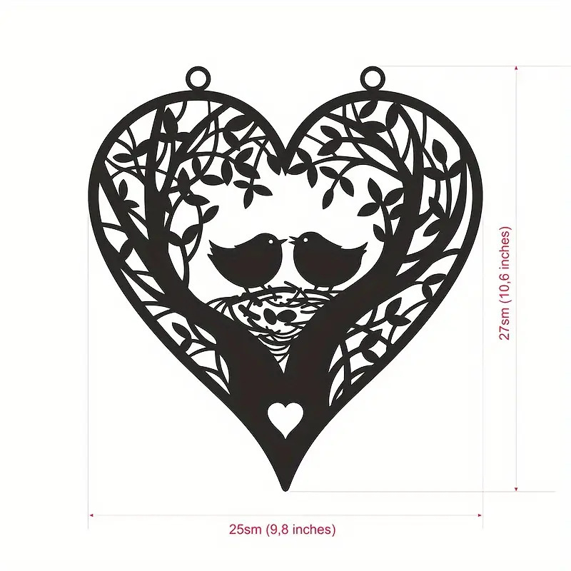 Fali művészet – lézeresen kivágott fém siluett, két madár, amely szív alakot alkot, geometriai falidísz; otthonra, irodába és kertbe; ajándék lakásavatóra és Valentin-napra.