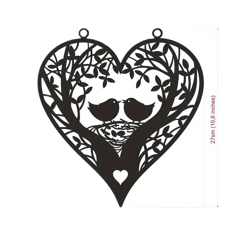 Fali művészet – lézeresen kivágott fém siluett, két madár, amely szív alakot alkot, geometriai falidísz; otthonra, irodába és kertbe; ajándék lakásavatóra és Valentin-napra.