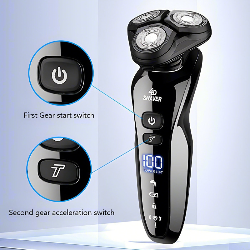 Elektrinis skutimosi prietaisas su pasukama 3 galvute, viso kūno plaunamas, LED ekranas, įmontuota 1000–1200 mAh baterija, iki 100 minučių veikimo