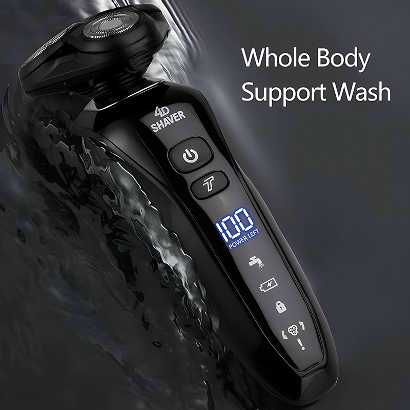 Elektrinis skutimosi prietaisas su pasukama 3 galvute, viso kūno plaunamas, LED ekranas, įmontuota 1000–1200 mAh baterija, iki 100 minučių veikimo