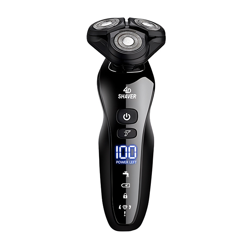 Elektrinis skutimosi prietaisas su pasukama 3 galvute, viso kūno plaunamas, LED ekranas, įmontuota 1000–1200 mAh baterija, iki 100 minučių veikimo