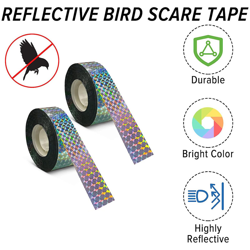 Декоративни градински орнаменти - лента за отблъскване на птици, PET материал, двустранно отражателна, за овощни градини и градини за зеленчуци