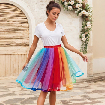 Пухкава многослойна тюлена пола за възрастни с презрамки, мрежеста, средна дължина, микроеластична полиестрова смес