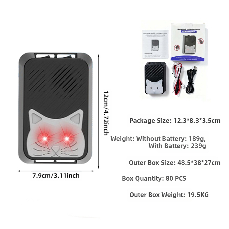 Egérriasztó, univerzális 5V/12V, ultrahangos riasztás 9–65 kHz, 0,6 W, ABS hőálló burkolat