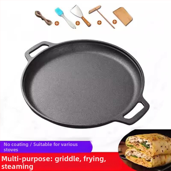 Τηγάνι για pancakes από χυτοσίδηρο με διπλά χερούλια, χωρίς επίχρισμα, γυάλινο καπάκι; συμβατό με επαγωγή και γκάζι; με μονό πάτο