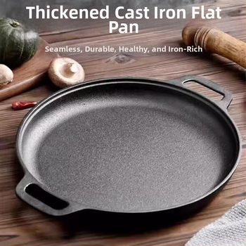 Τηγάνι για pancakes από χυτοσίδηρο με διπλά χερούλια, χωρίς επίχρισμα, γυάλινο καπάκι; συμβατό με επαγωγή και γκάζι; με μονό πάτο