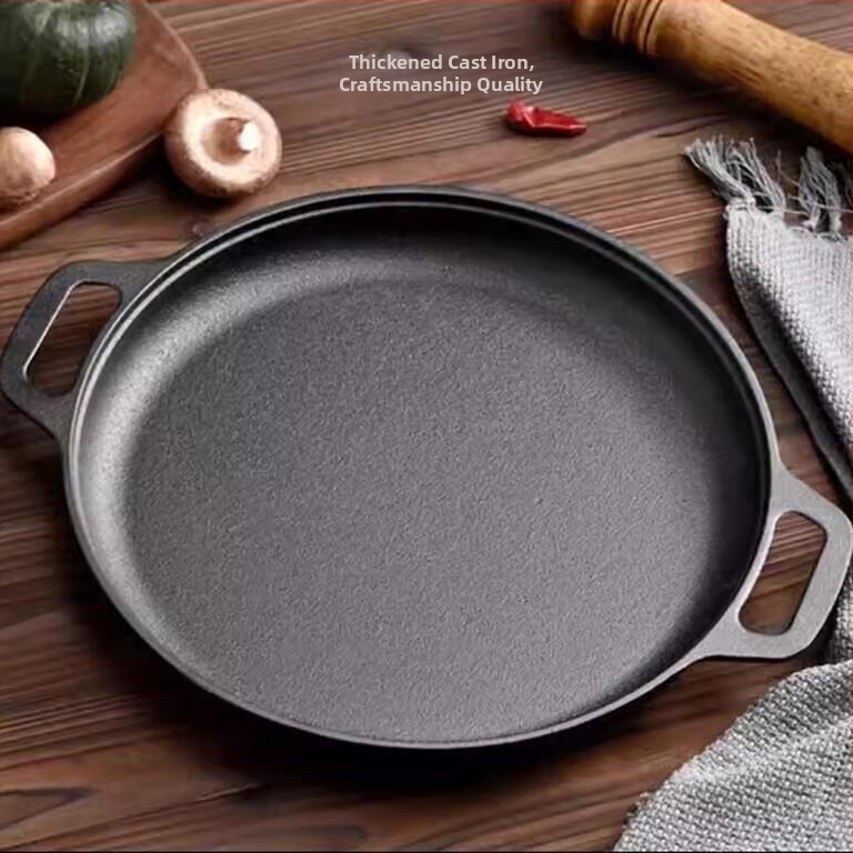 Liatinová panvica na palacinky s dvojitým uchom, bez povlaku, sklenená pokrievka; kompatibilná s indukciou a plynovým varičom; dno s jedným dnom