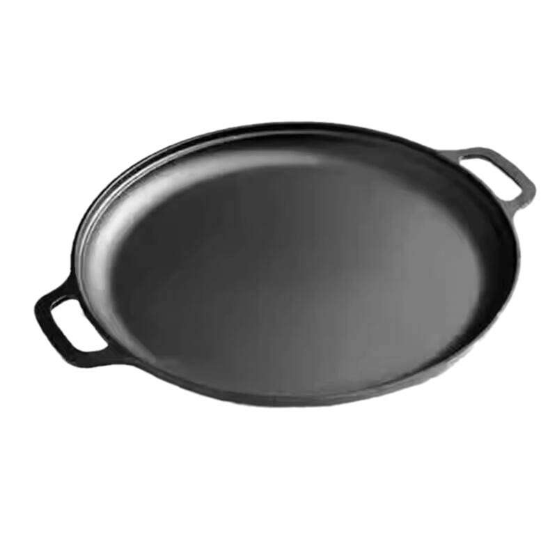 Чугунена тава за палачинки с двойни дръжки, без покритие, стъклен капак; съвместима с индукция и газови котли; с едно дъно