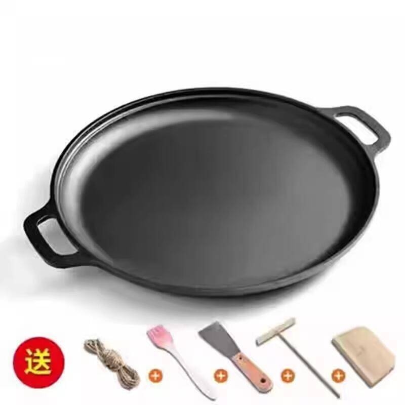 Чугунена тава за палачинки с двойни дръжки, без покритие, стъклен капак; съвместима с индукция и газови котли; с едно дъно