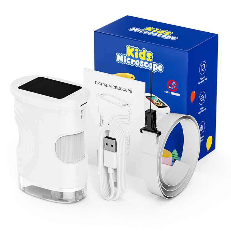 Детски преносим ръчен микроскоп – HD изображение, електрически, силиконова образователна играчка за биология и химия (за възраст 7–14 години)